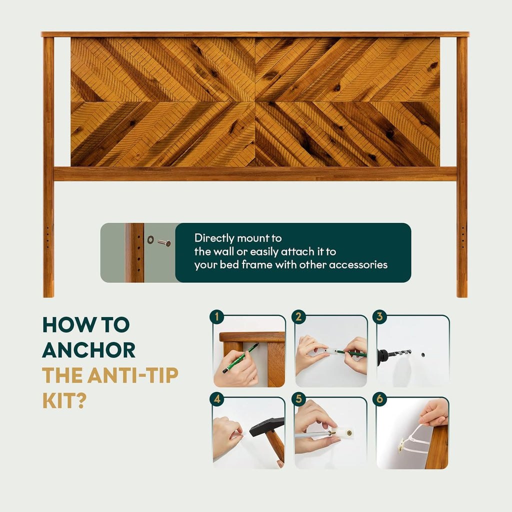 Headboard ONLY, Rustic & Scandinavian Style with Solid Acacia Wood, Easy Assembly, King, Rustic Golden Brown