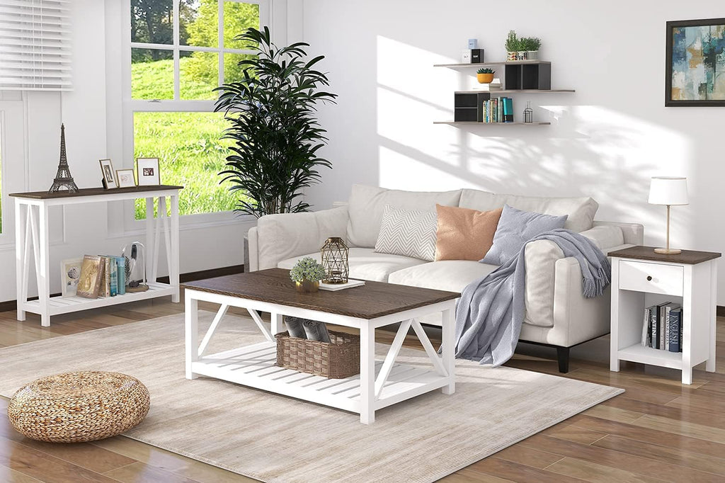 Farmhouse Coffee Table, Rustic Vintage Living Room Table with Shelf, 40 White
