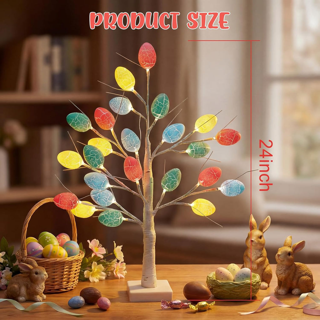 Set 24 Inch Lighted Easter Tree with 48 Eggs and Colorful LED Lights Easter Decoration Light up Artificial Birch - Set of 2