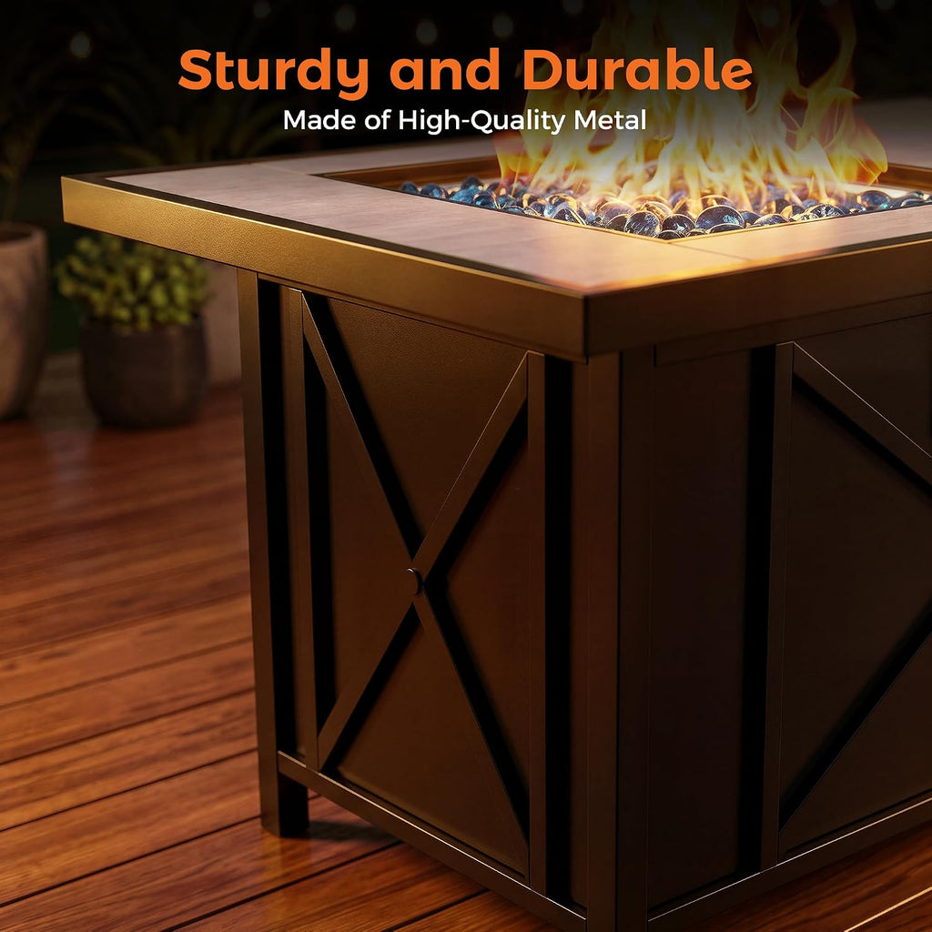 42 inch 50,000 BTU Rectangular Propane Gas Fire Pit Table with Fire Glass and Table Lid, Fire Pits Outdoor