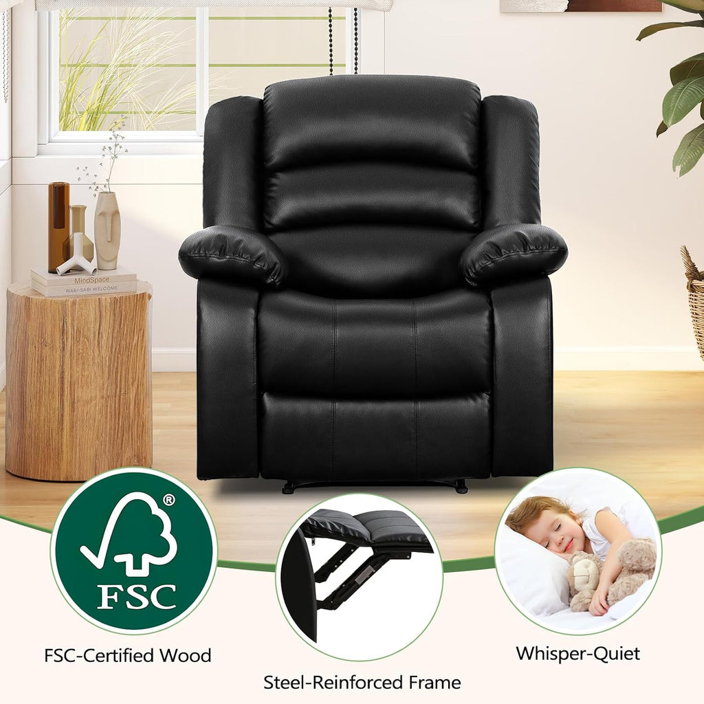 Black Recliner Chair with Overstuffed Arm and Back, Breathable Faux Leather Manual Reclining Chairs, Living Room