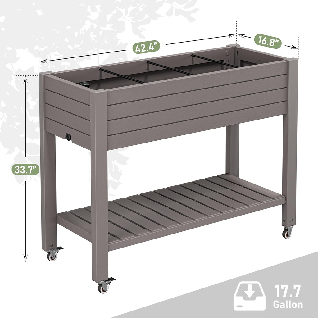 33.7" Tall Raised Garden Bed with Wheels, Divisible Plastic Planter Box with Drainage Gauge & Storage Shelf, Herb