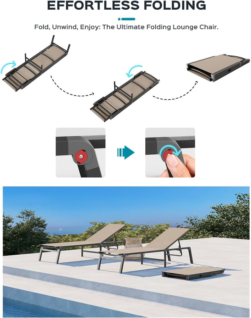 Aluminum Chaise Lounge Ourdoor - Foldable & Assemble Free Outdoor Lounge Chair with 5 Adjustable Backrest, Patio