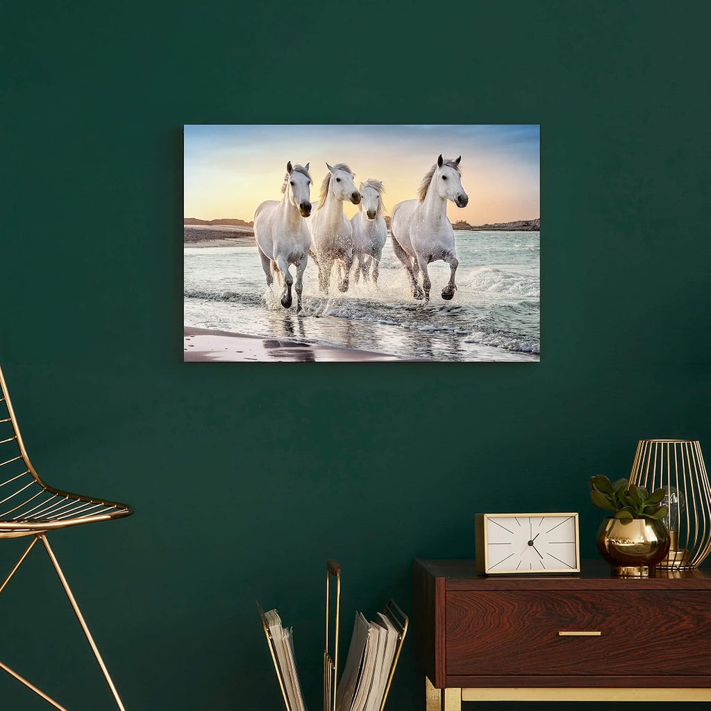 Beach Horse Canvas Wall Art: White Elegant Equines Photo Prints Graceful Seaside Animals Office Painting Ocean Steeds