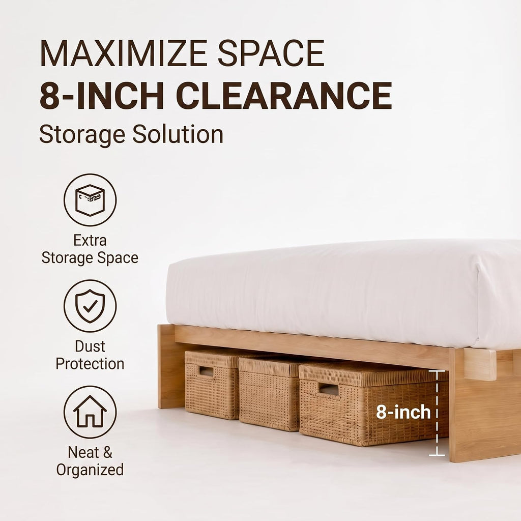 Queen 100% Solid Wood Platform Bed Frame, No Tools Japanese Joinery Wood Bed Frame with Wooden Slat, 8" Under‑Bed
