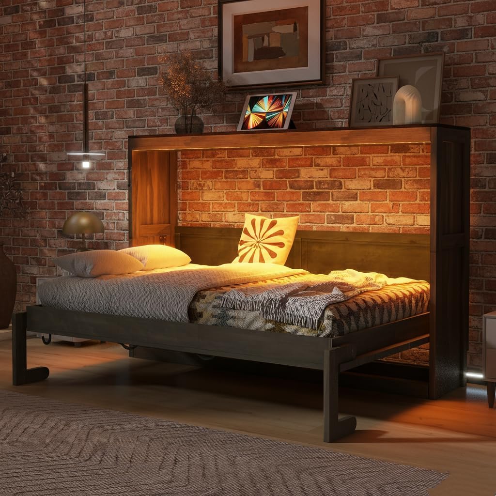 Folding Wall Bed Twin, Hidden Murphy Bed Twin with LED Lights, Space Saving for Bedroom Office, Brown