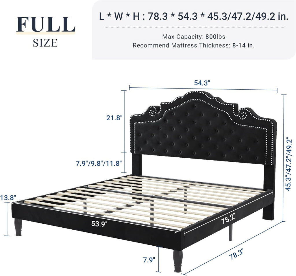 Full Bed Frame with Adjustable Velvet Tiara Headboard, Upholstered Diamond Button Tufted Platform Bed