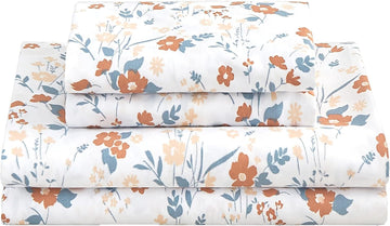 Floral Sheet Set Orange Flower Printed Bed Sheets - 4 Piece Soft Microfiber Patterned Fitted Sheets with 15"
