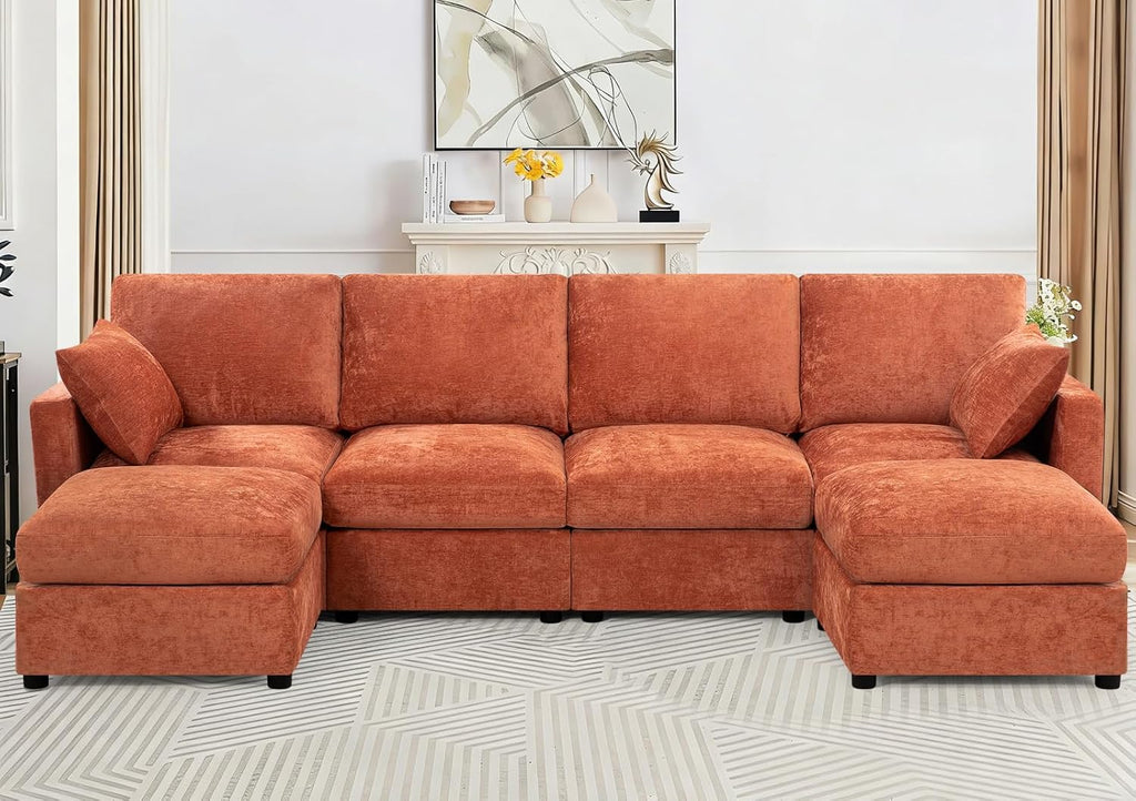 110” Chenille 4 Seater Sofa W/Movable Ottomans, Modern Fabric U-Shaped Couch w/Soft Backrests