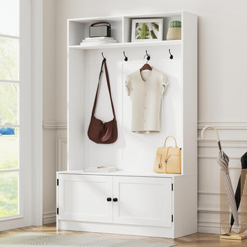 White Hall Tree with Storage, 70.9" Tall Entryway Bench with Shoe Storage, Coat Rack and Top Shelf, Freestanding