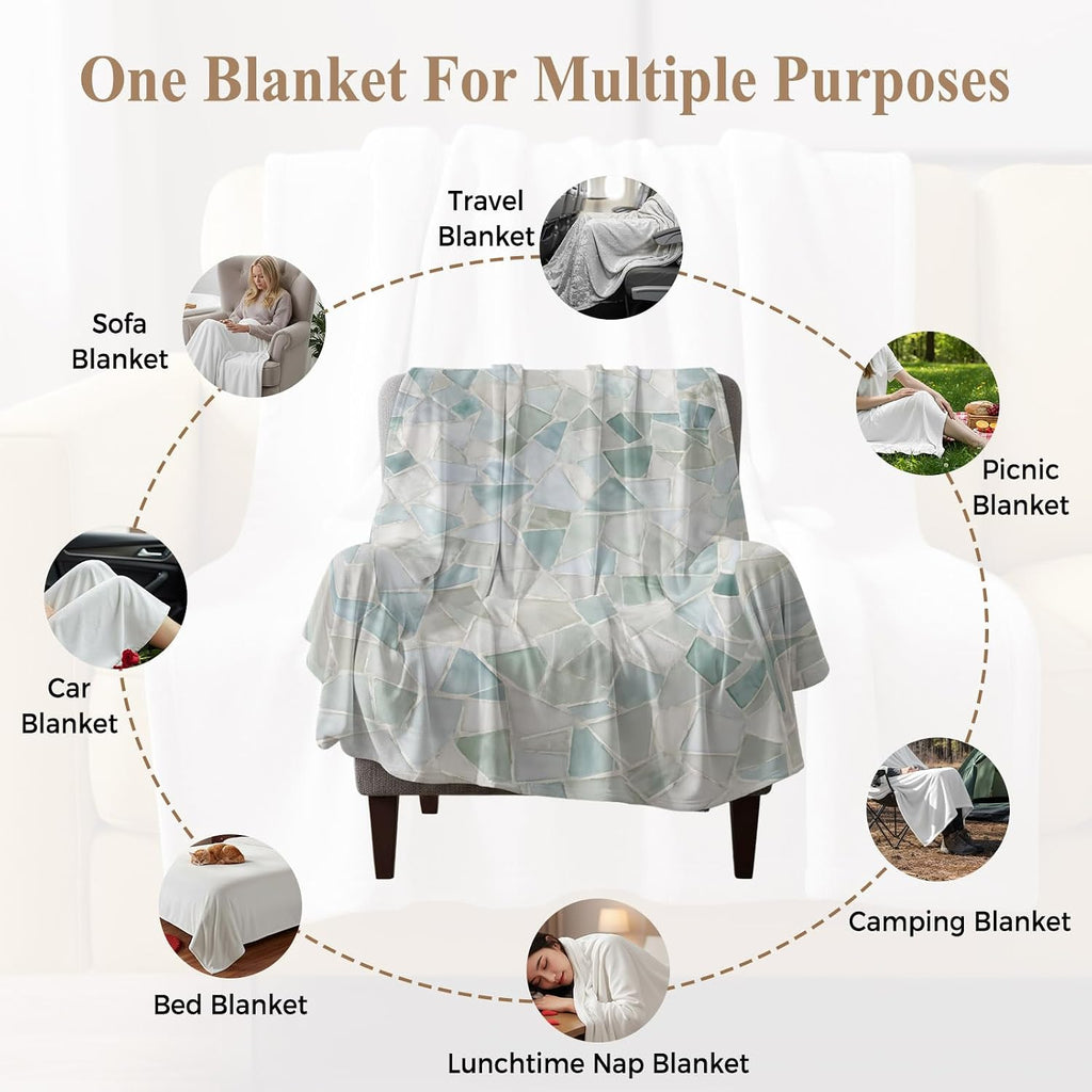 Vintage Stone Print Throw Blanket Boho Coastal Teal Mosaic Texture Flannel Cozy Soft Warm Fleece Blankets, 50 x 60 inch