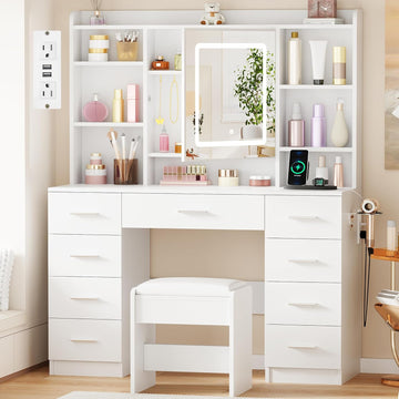 Vanity Desk with Jewelry Storage,Power Outlet and Cushioned Stool | Makeup Vanity Table with Smart LED Mirror,3