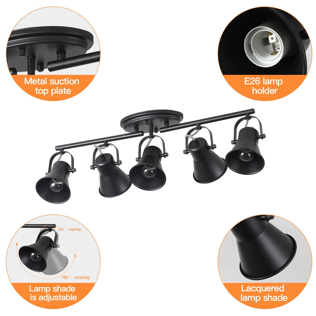 Track Lighting Kit,Black Semi Flush Mount Ceiling Light with 5 Rotatable Light Heads,Modern Accent Lighting