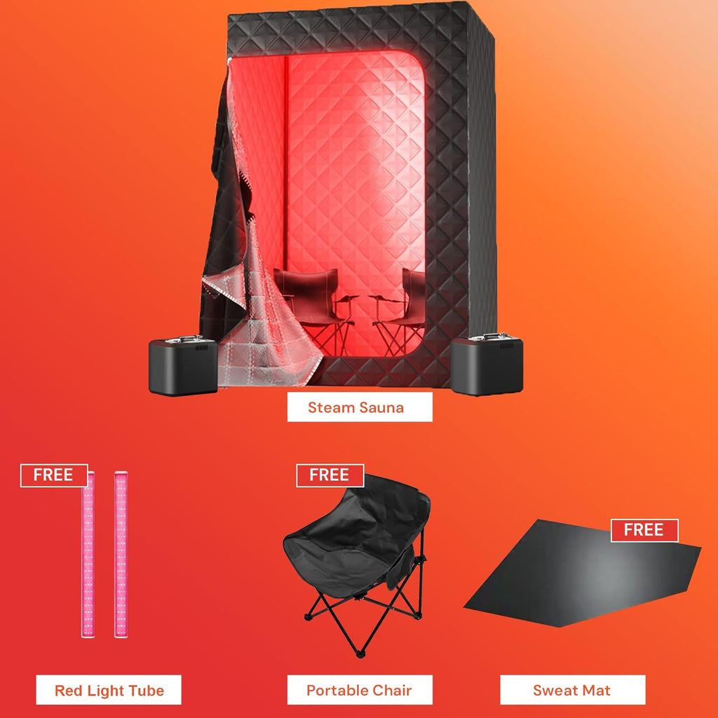 2 Person Portable Steam Sauna for Home with Two Red Light Therapy Panels Full Body Home Spa (Black)