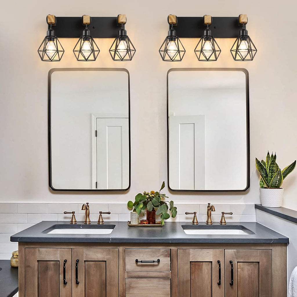 3 Light Bathroom Vanity Light, Farmhouse Black Fixture Over Mirror | Farmhouse Bathroom Light Fixtures, Wood & Metal