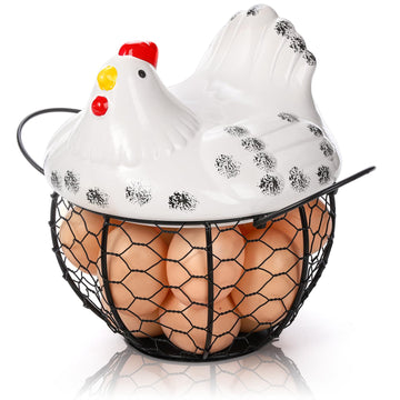 Chicken Egg Basket, Black Wire Egg Collection Baskes with Ceramic Lid for Gathering Fresh Eggs, Chicken Egg Holder