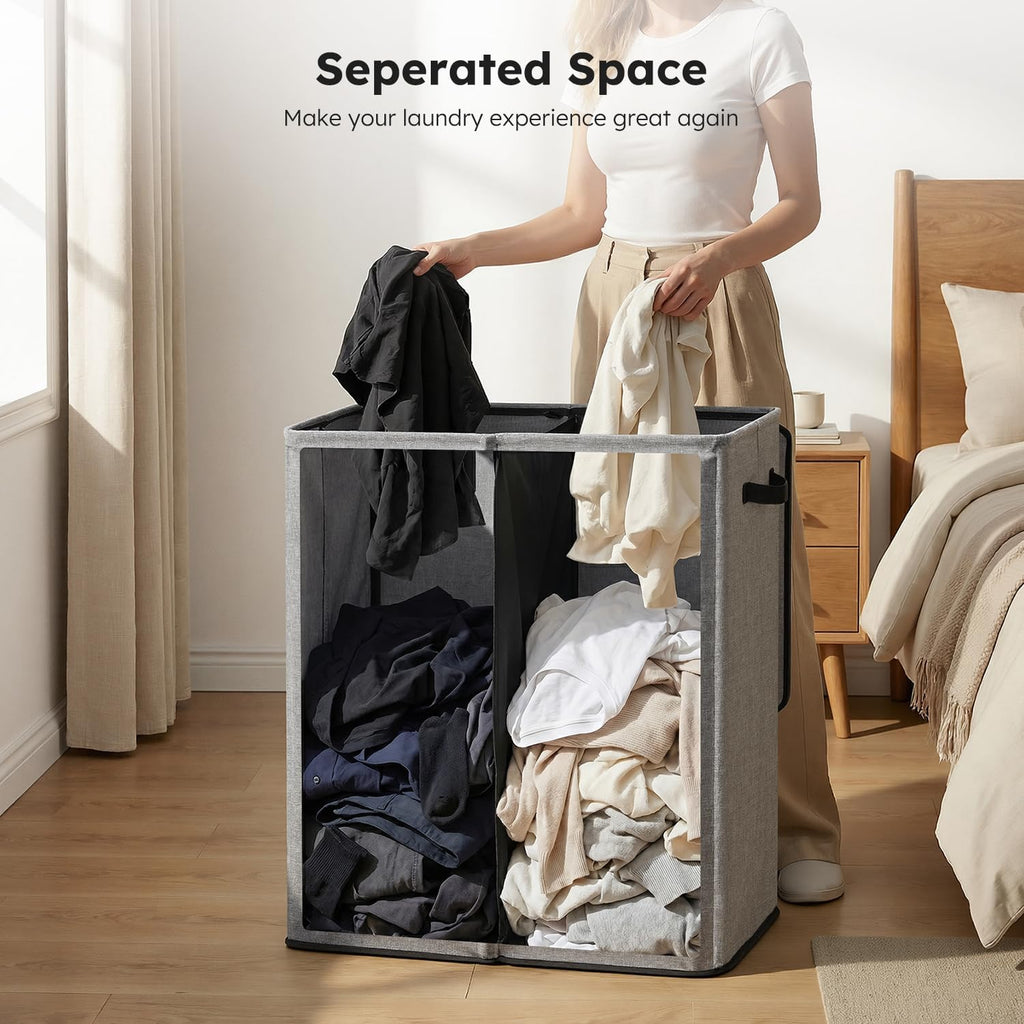Double Laundry Basket with Lid and Removable bag, Large Laundry Hamper 2 Section with handles, Collapsible Dirty