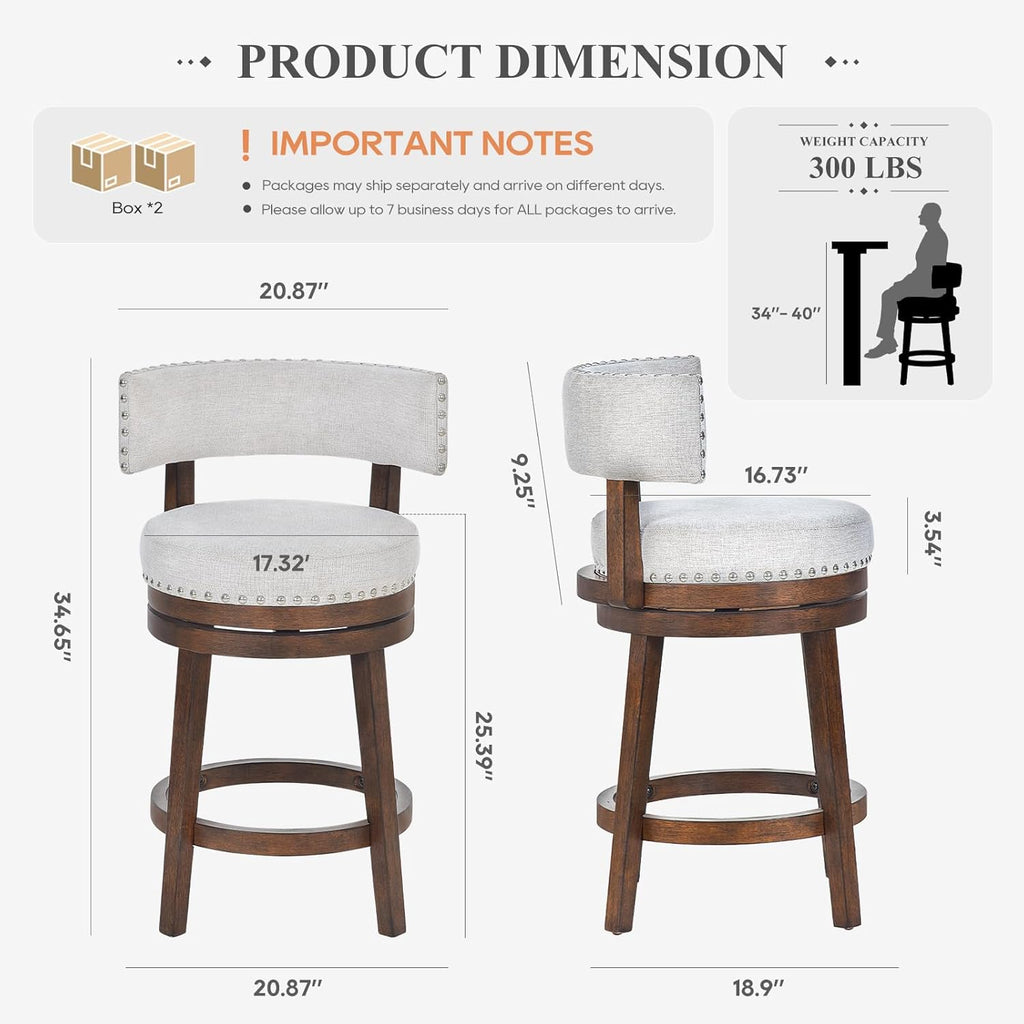 Swivel Bar Stool Set of 2, Modern Swivel Barstool with Back, Counter Height Bar Stools, 25 Inch Upholstered Wood