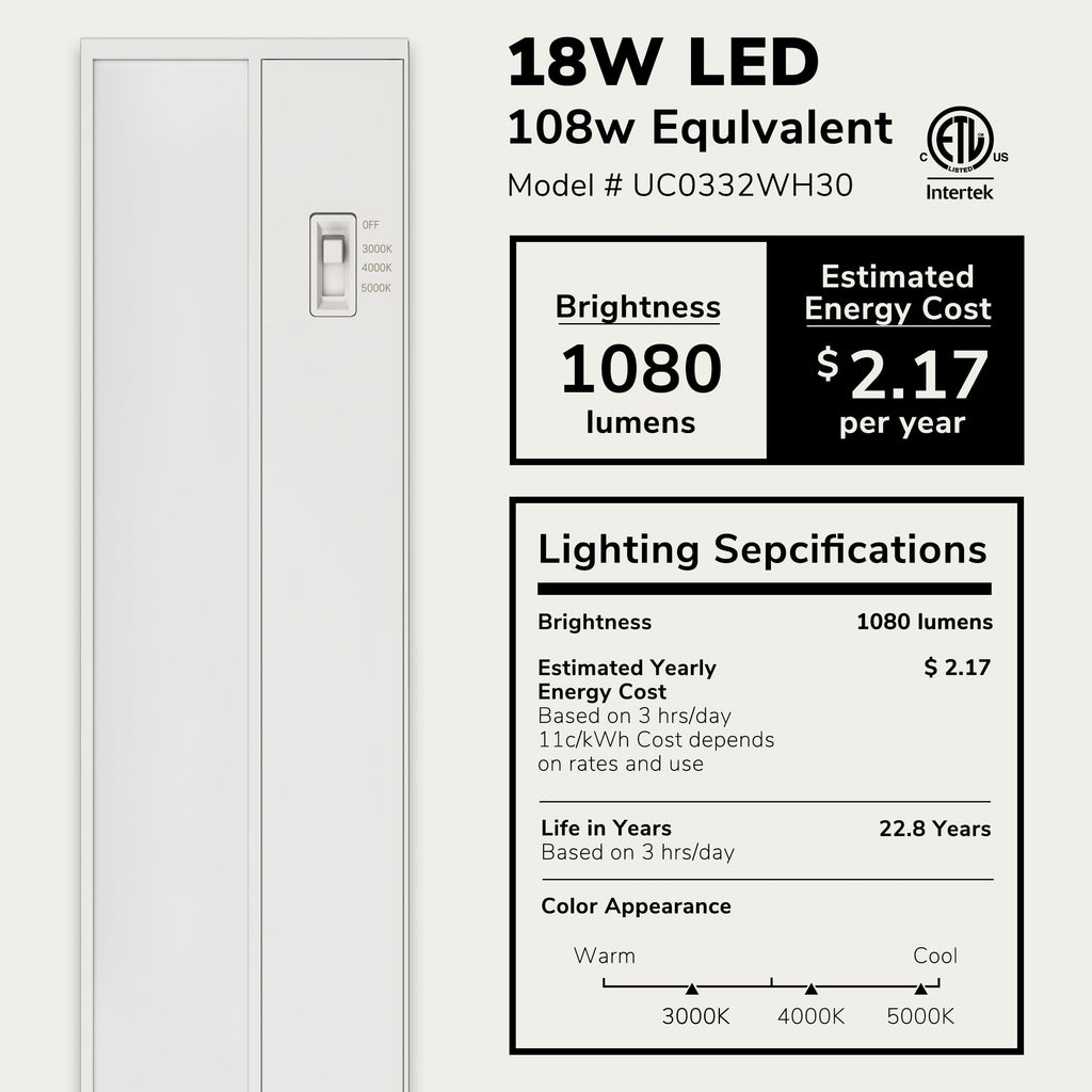 Luna 32-Inch Hardwired Only LED Under Cabinet Light, 3-CCT Selectable