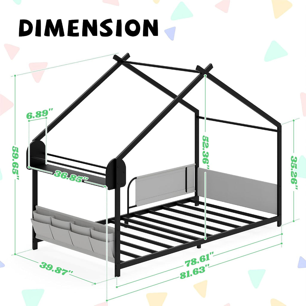 Twin Size House Bed with Storage Rack and Caddy | Montessori House Shape Bed Metal Floor Bedframe for Kids No Box