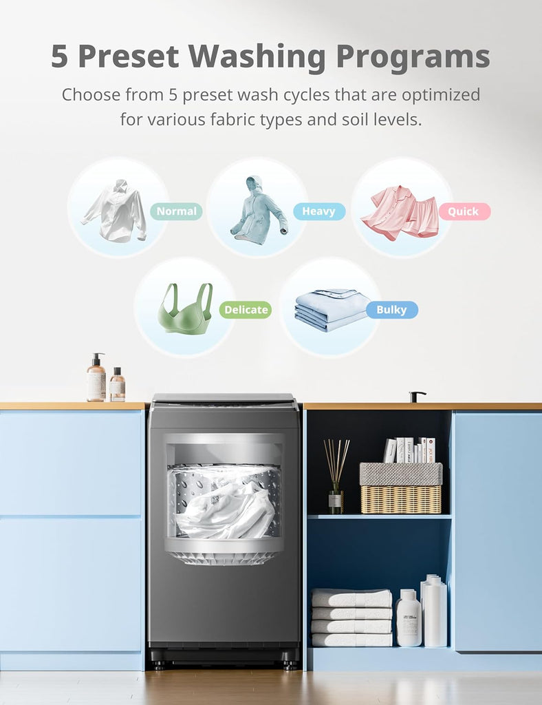 1.6 Cu.ft Portable Washing Machine, 11lbs Capacity Fully Automatic Compact Washer with Wheels, 6 Wash Programs Laundry