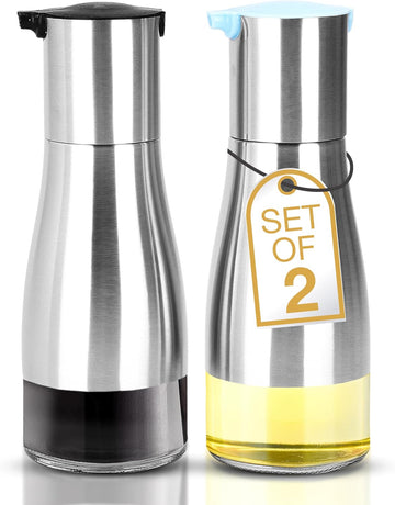2LB Depot Oil and Vinegar Dispenser Set - Brushed Steel & Glass Containers with Anti-Drip Spout Lid - Easy-Clean - Set of 2
