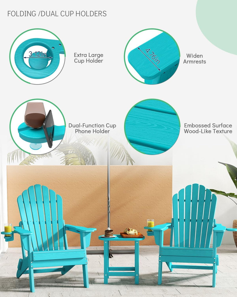 Oversized Folding Adirondack Chair, HDPE All-Weather Patio Chair with 2 Cup Holders, High Back Wide Seat Fire Pit