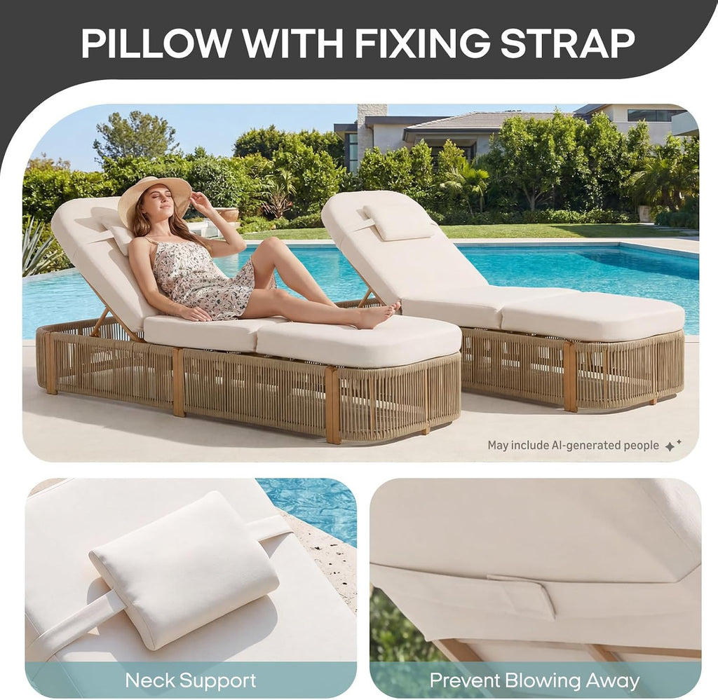 Outdoor Chaise Lounge Chairs, 5-Position Adjustable Patio Reclining Lounge Chairs with Cushion, All-Weather Rope