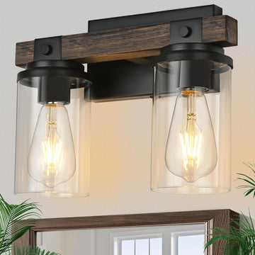 Farmhouse Bathroom Light Fixture Wood Black Vanity Lighting 2-Light | Wooden Wall Sconce Industrial Rustic Wall Light