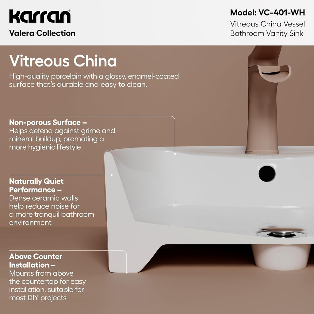 Valera 18 Inch Round Vessel Bathroom Sink, Vitreous China Above Counter Vanity Sink with Overflow