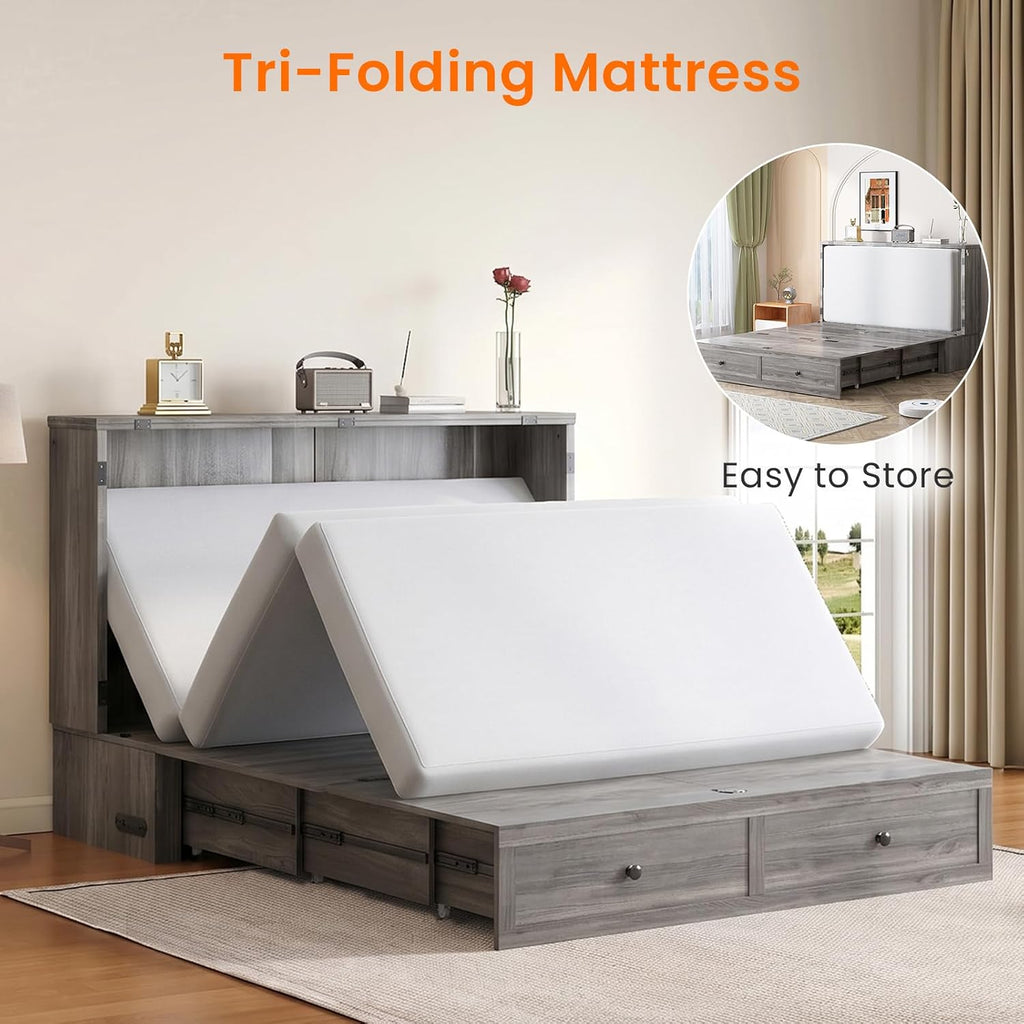 Full Murphy Bed with Tri-Folding Mattress，Murphy Bed Full with Charging Station and Storage Drawers for Small
