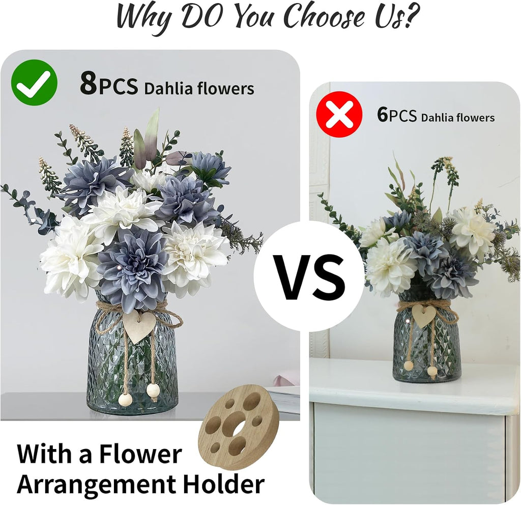 Fake Flowers in Vase,8 Dahlias,Silk Artificial Flowers in Vase,Centerpiece Table Decorations,Faux Flowers in Vase