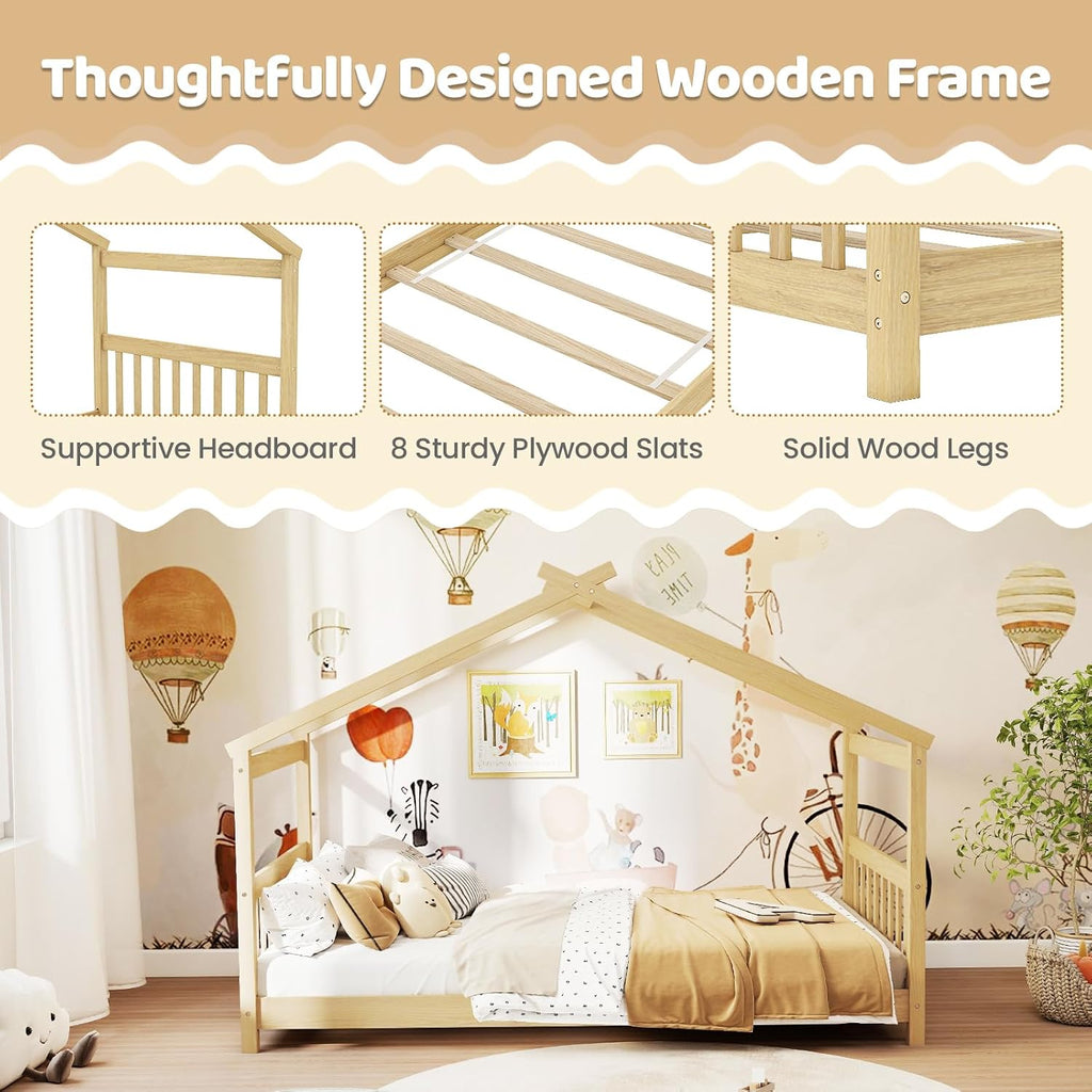 Twin Floor House Bed with Headboard & Footboard, Wood Floor Bed Frame with Roof for Boys & Girls, No Box Spring