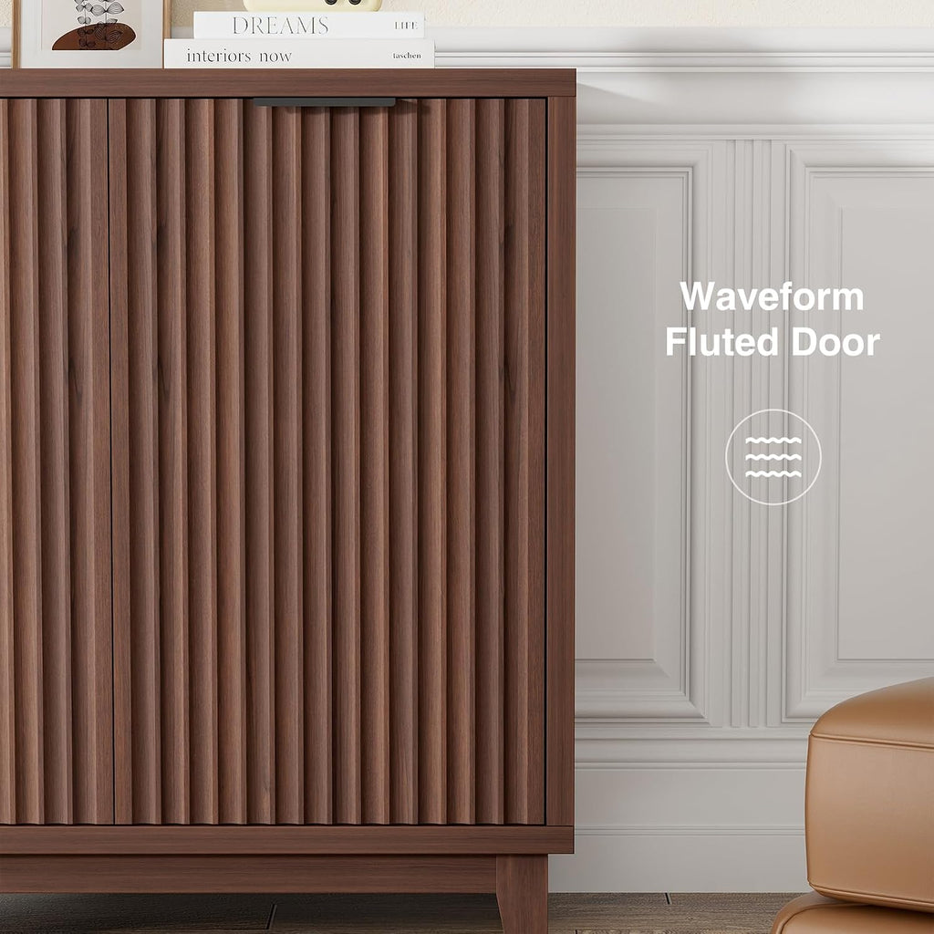 Fluted Cabinet with Storage, Mid Century Modern 2 Doors Sideboard Buffet | Accent Cabinet with Adjustable Shelves