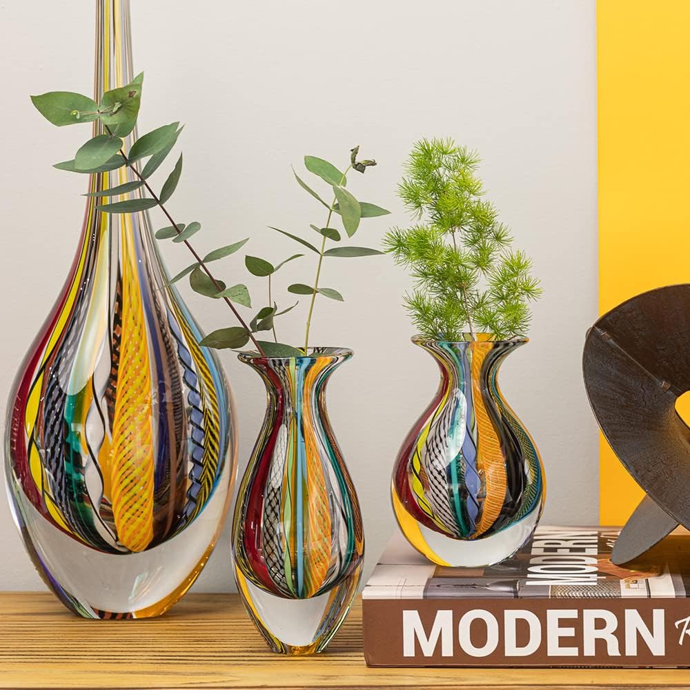 Murano Style Glass Vases Hand Blown Colored Canes Boho Effect Home Decor - Set of 2