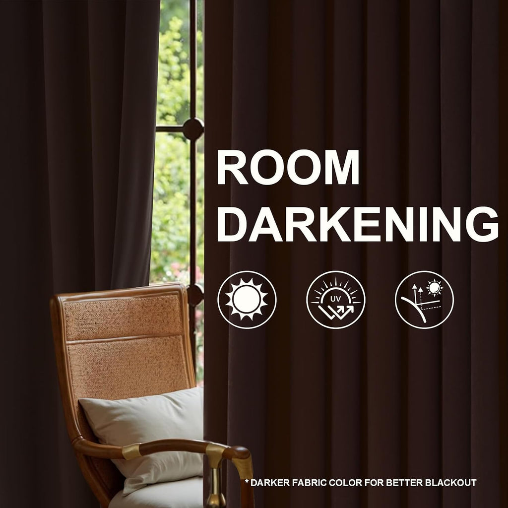 Dark Brown Velvet Blackout Curatins 2 Panels Heavy Thick Vintage Luxury Pinch Pleated Curtain Drapes with Hooks Rings for Living Room Bedrooom,Chocolate Home Decor
