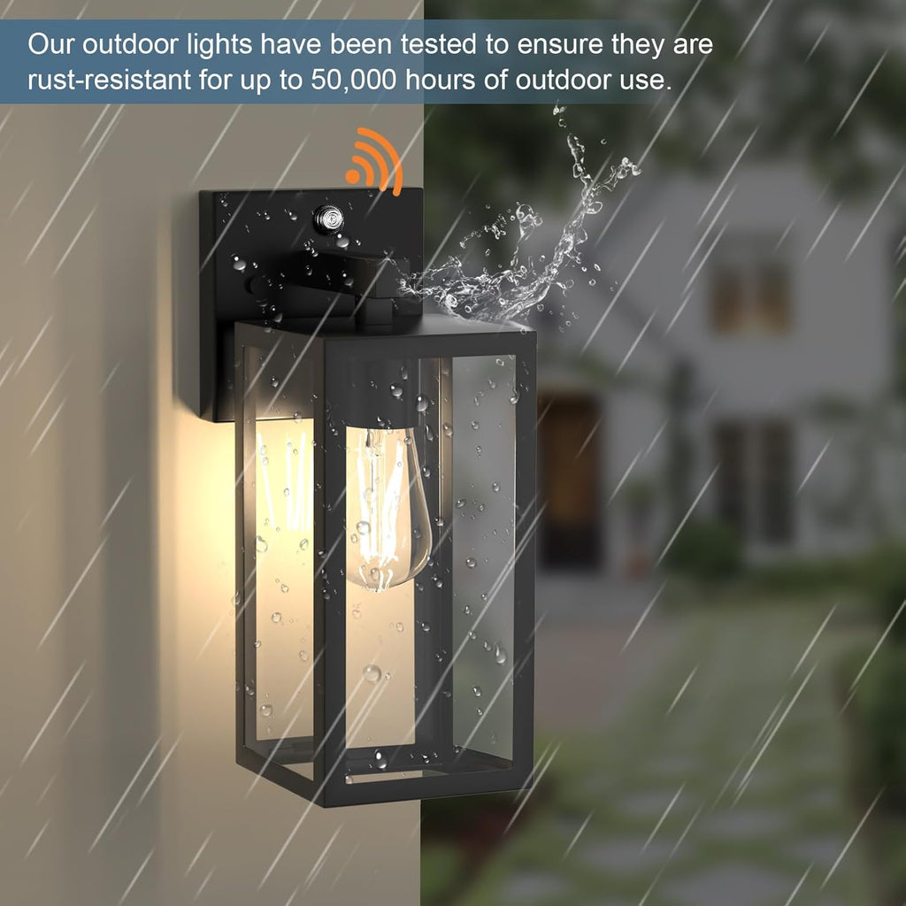 Dusk to Dawn Outdoor Wall Sconce, Black Waterproof Porch Light Fixture with E26 Socket & Glass Shade, Modern Exterior Lantern for Patio Entryway (2 Pack)