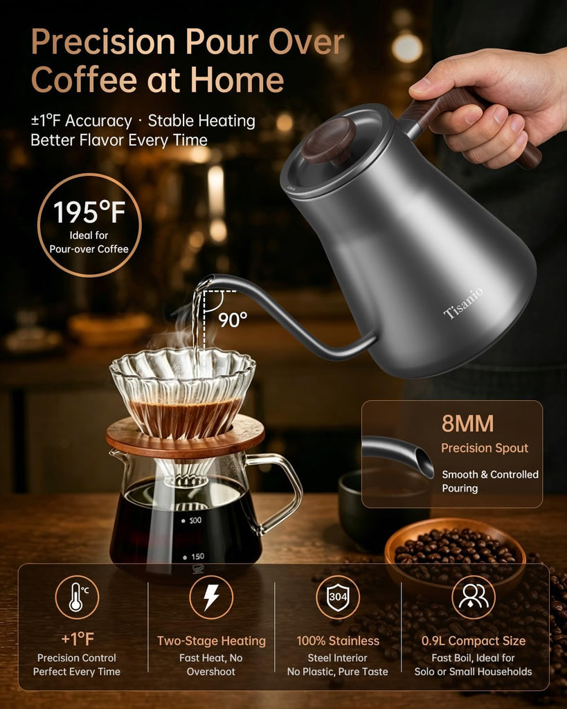 Gooseneck Electric Kettle with Temperature Control, 0.9L, Gray Wood
