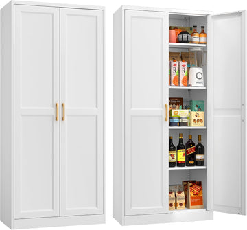 71"Tall Metal Kitchen Pantry Storage Cabinet with Doors& 4 Shelves | White Pantry Cabinet, Utility Kitchen Cupboard
