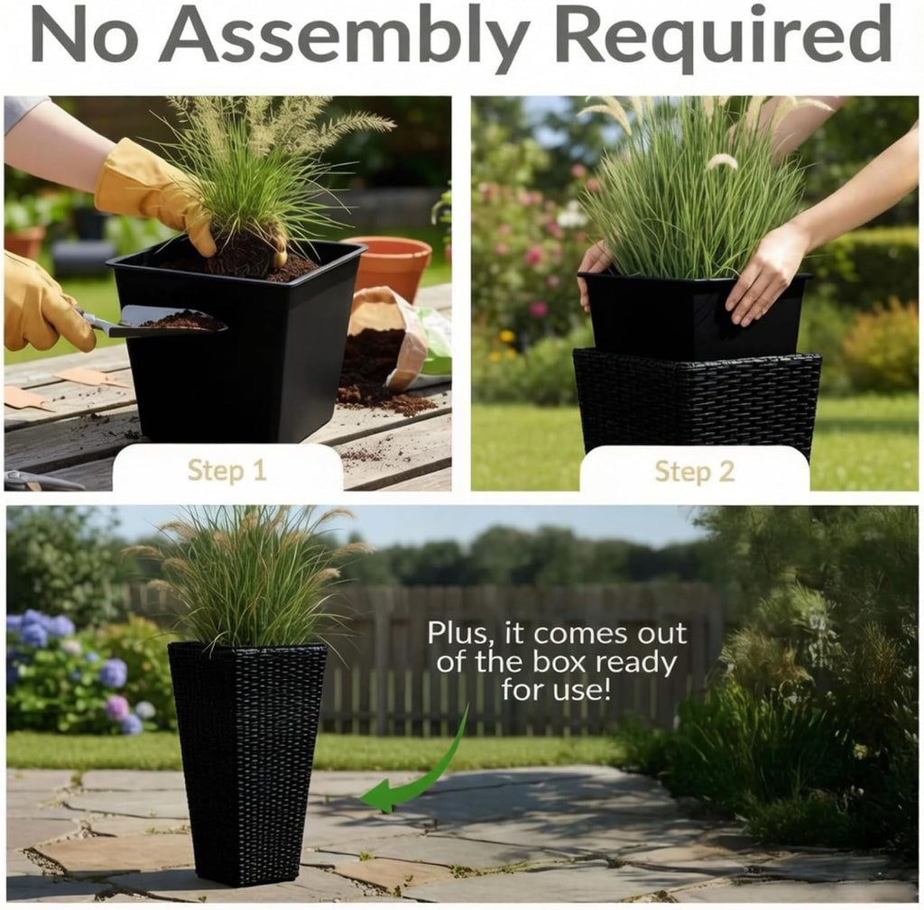 32" Tall Planter, Large Outdoor Planter Pot with Drainage | Outdoor Planter Set of 2,Removable Inner Pot,Resin