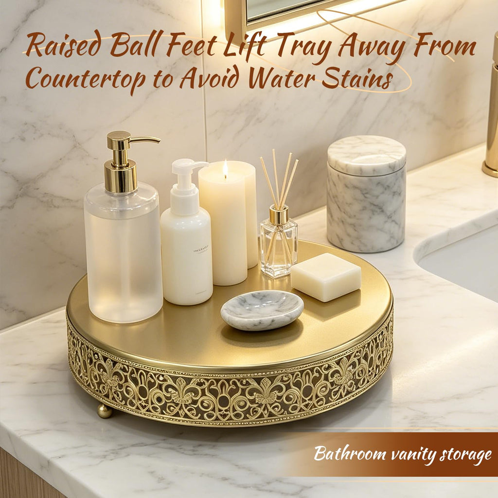 16 Inch Luxury Light Gold Cake Stand, Round Metal Dessert Display with Ornate Filigree Lace, Dual‐Coated Premium