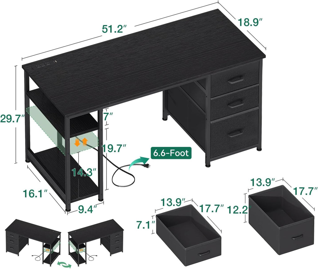 51 Inch Computer Desk with Fabric Drawers & USB Power Outlets, Reversible Home Office Desk with Storage Shelves