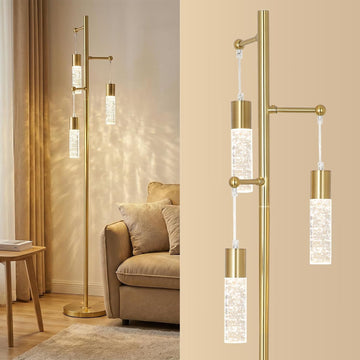 Gold Floor Lamps, Modern Brass Standing Lamp with Bubble Crystal Shades, 3 Built-in LED Lights, ON/O