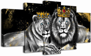 5 Piece Lion and Lioness Canvas Wall Art King and Queen with Golden Crown African Animal Painting Artwork Bedroom