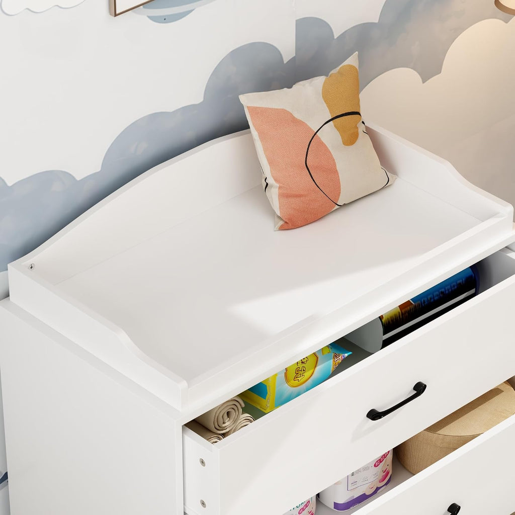3 Drawer Nursery Dresser, Baby Dresser with Changing Topper, Small Dresser for Infant Diaper Storage, Changing