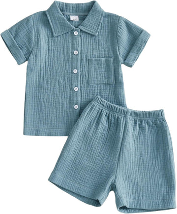 Baby Boy Summer Outfit 2PCS Button Down Shirt Tops + Shorts with Pocket Toddler Infant Triple Cotton Gauze Clothes Set