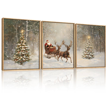 Christmas Santa Reindeer Framed Canvas Wall Art Set, Vintage Trees Snowy Wall Decor, Sleigh Deer Forest Winter Wall