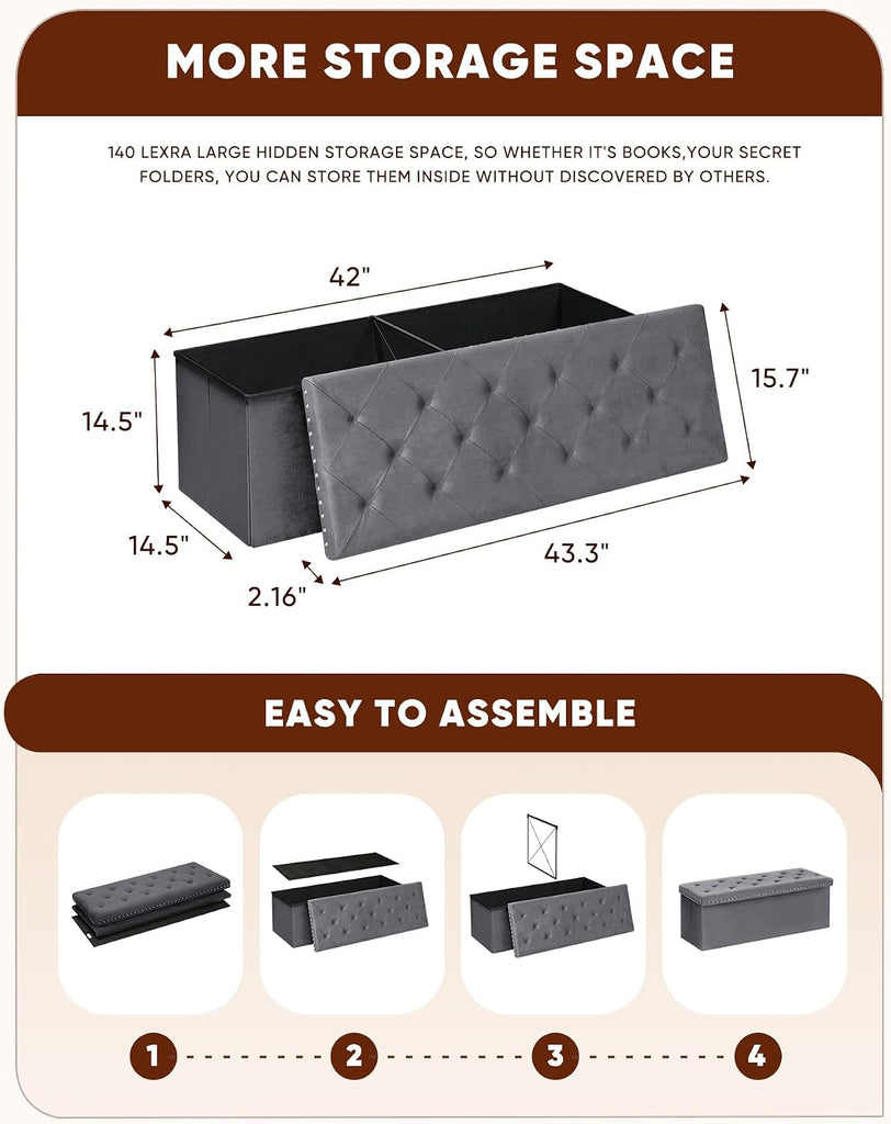 Storage Ottoman Bench, Folding Tufted Ottomans with Storage, Extra Large 140L Storage Boxes Footrest Bench , Luxury