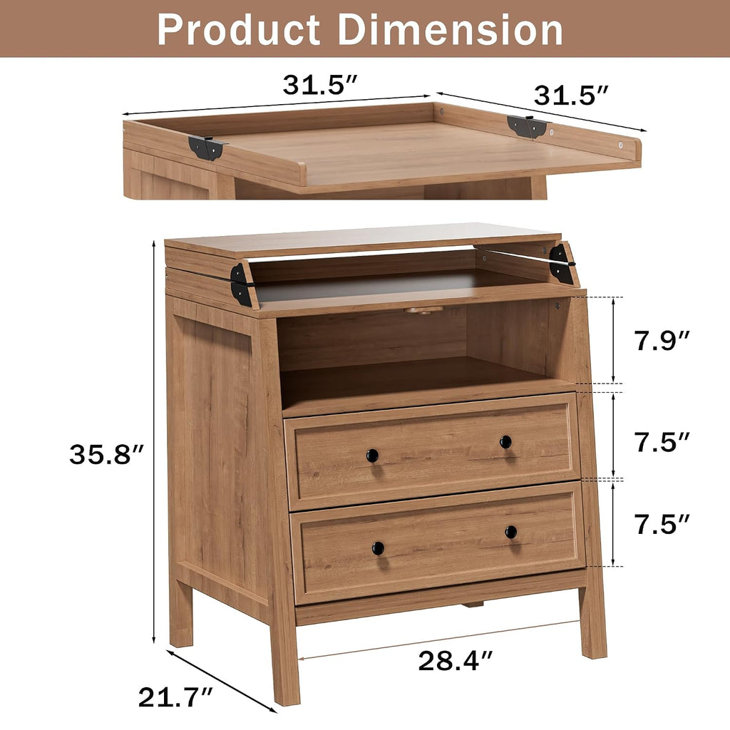 Changing Table Dresser with Foldable Tabletop, Baby Dresser with 2 Wide Drawers & Open Storage Space, Modern Diaper
