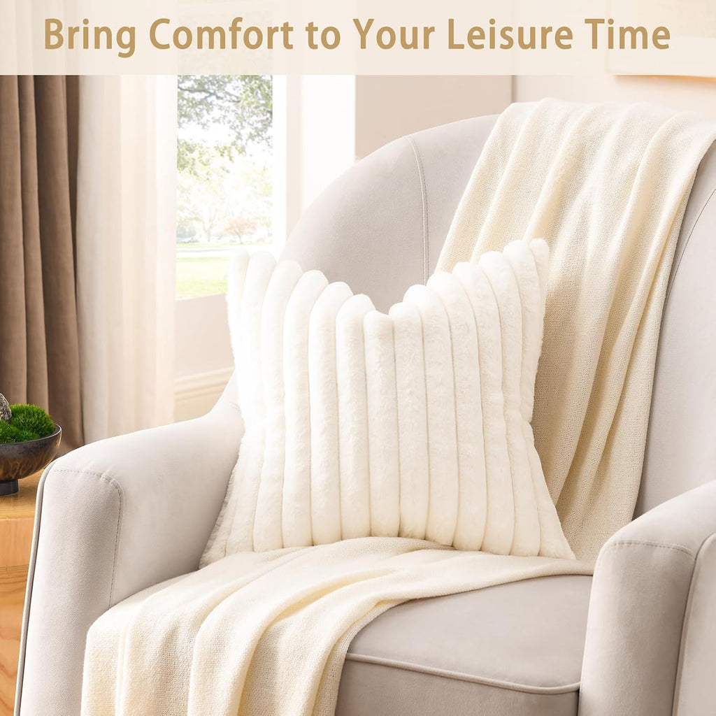 Pack of 1 Double-Sided Faux Fur Plush Decorative Throw Pillow Covers 18x18 Inches Soft Fluffy Striped Couch Pillow